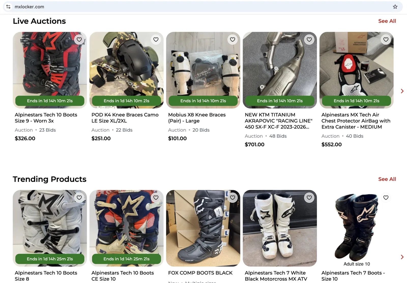 mxlocker.com live auctions page showing motocross gear listings with countdown timers and bid counts