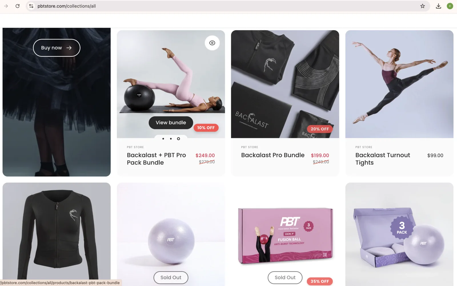 pbtstore.com collection page showing product bundles with sale pricing